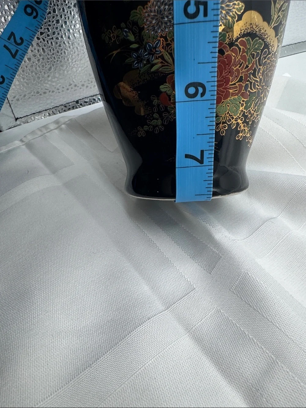 Japanese Black Ceramic Fine Art Vase featuring detailed multi-color floral VTG